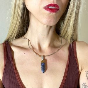 Handmade Blue Crystal Gemstone Point Sterling Silver Brass Wire Collar Necklace